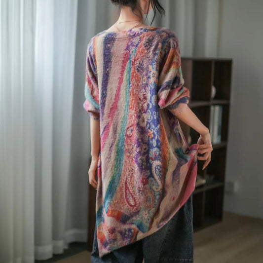 Retro Literary Casual Print Mid-Length Irregular Knitted Sweater