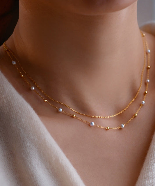 Stylish Pearl Double Layered Adjustable 14K Gold Necklace