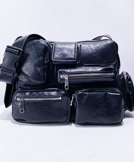 Casual Black Asymmetrical Pockets Faux Leather Message Bag