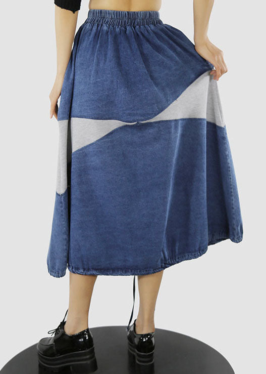 Women Blue white elastic waist drawstring Patchwork denim Skirt