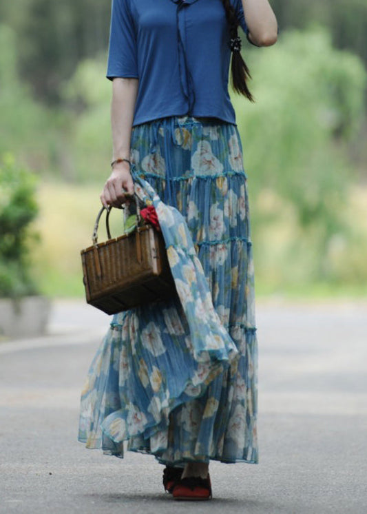 Women Blue Wrinkled Print Lace Up Exra Large Hem Silk Skirt Spring