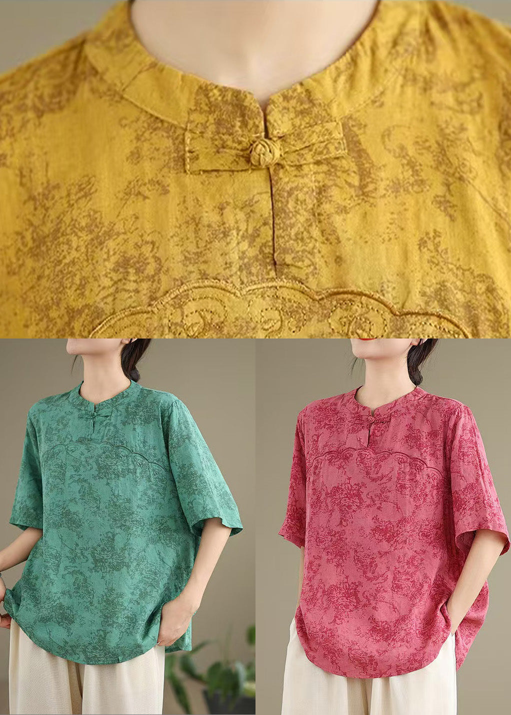 Vintage Rose Print Cotton Blouse Top Half Sleeve