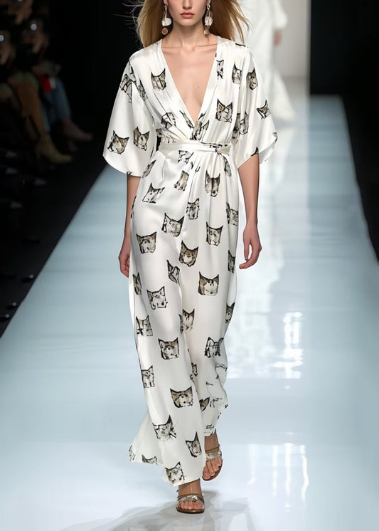Italian White Cinched Print Silk Party Dress Summer