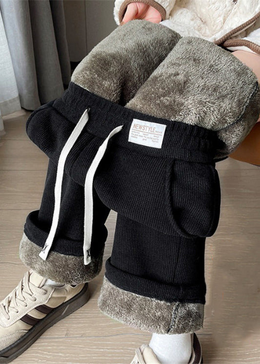 Fitted Oatmeal Pockets Drawstring Teddy Warm Fleece Pants Winter