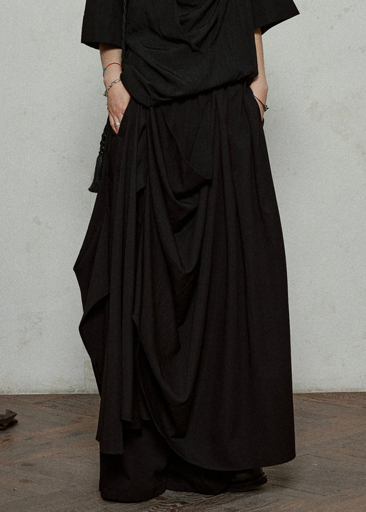 Black Elastic Waist Pockets Cotton Wide Leg Pants Asymmetrical