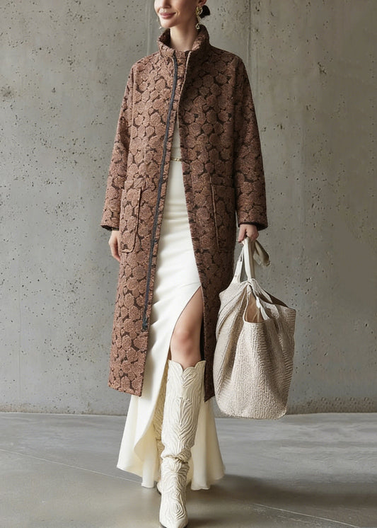 Brown Pockets Jacquard Cotton Filled Long Coats Zip Up