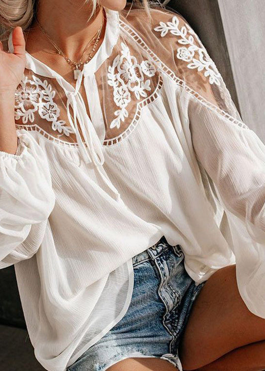 Fine White V Neck Lace Patchwork Shirt Fall