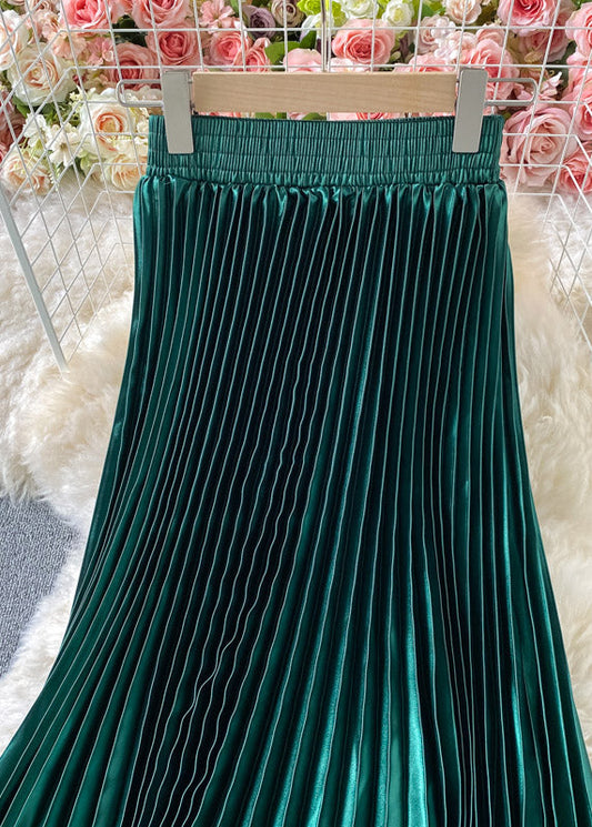 Elegant Green Satin Elastic Waist A Line Skirts Spring