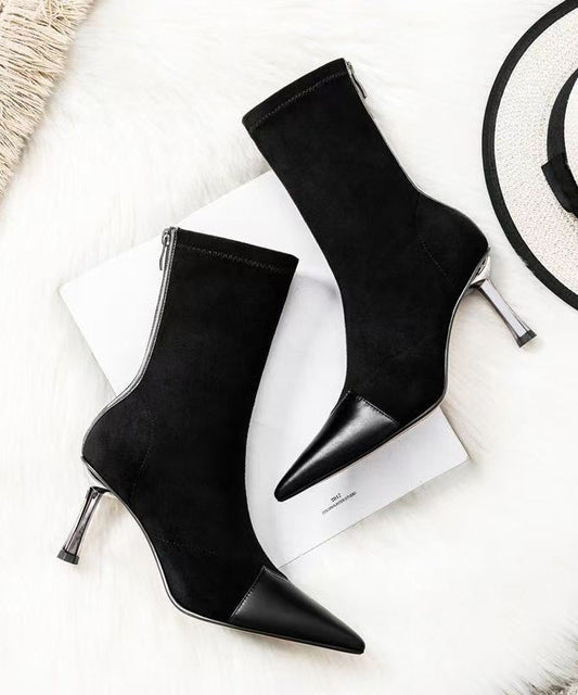 Camel Splicing Suede High Heel Boots Pointed Toe