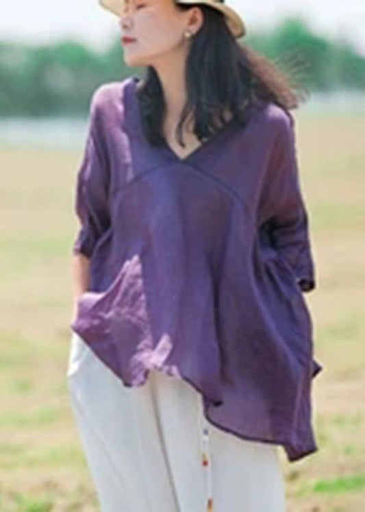Women Orange Ramie Lace-up Pure Color Irregular Casual T-shirt