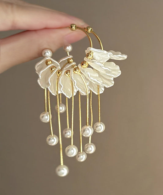 Fashion Gold Copper Alloy Pearl Petals Tassel Drop Earrings