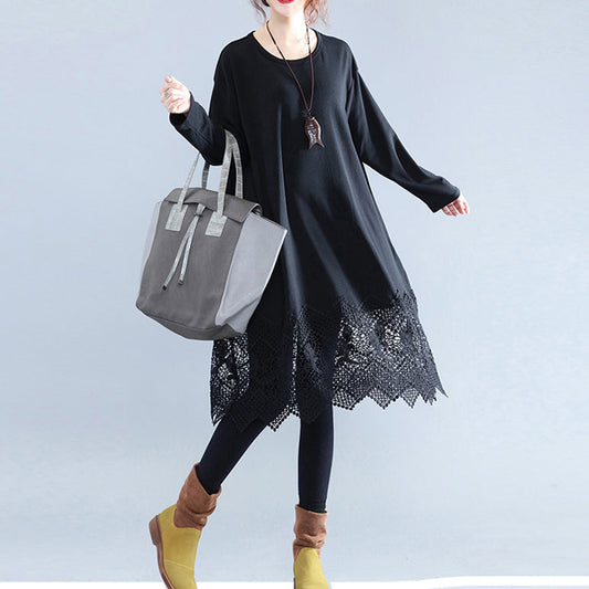 Fine Black Cotton Dresses Casual Cotton Clothing Dresses Fine Lace Ruffles Long Sleeve Cotton Dresses