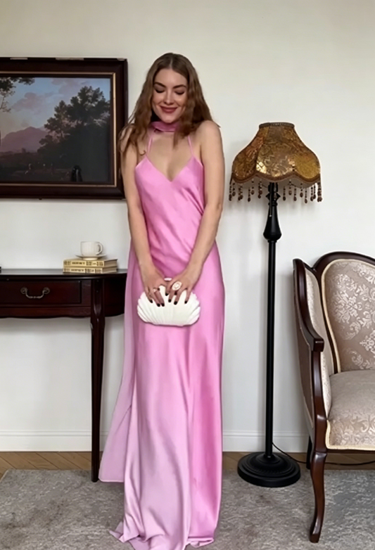 Pink Satin V-Neck Spaghetti Strap Backless Evening Gown with Drape