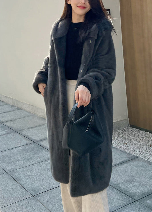 Grey Pockets Loose Mink Hair Coats Hooded Winter