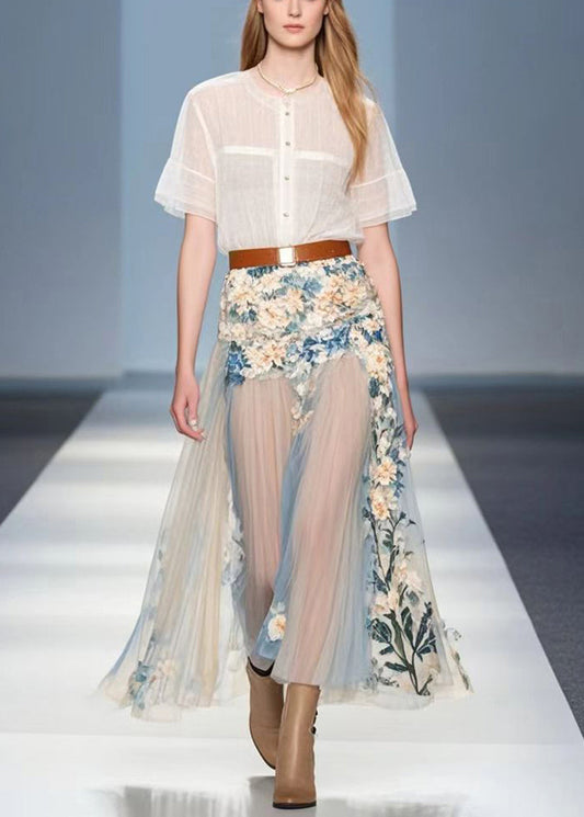 Original Design Floral Silk Pleated Skirt Summer
