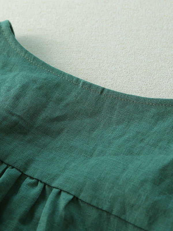 Pure Color V Neck Half Sleeve Casual Linen Tee Top