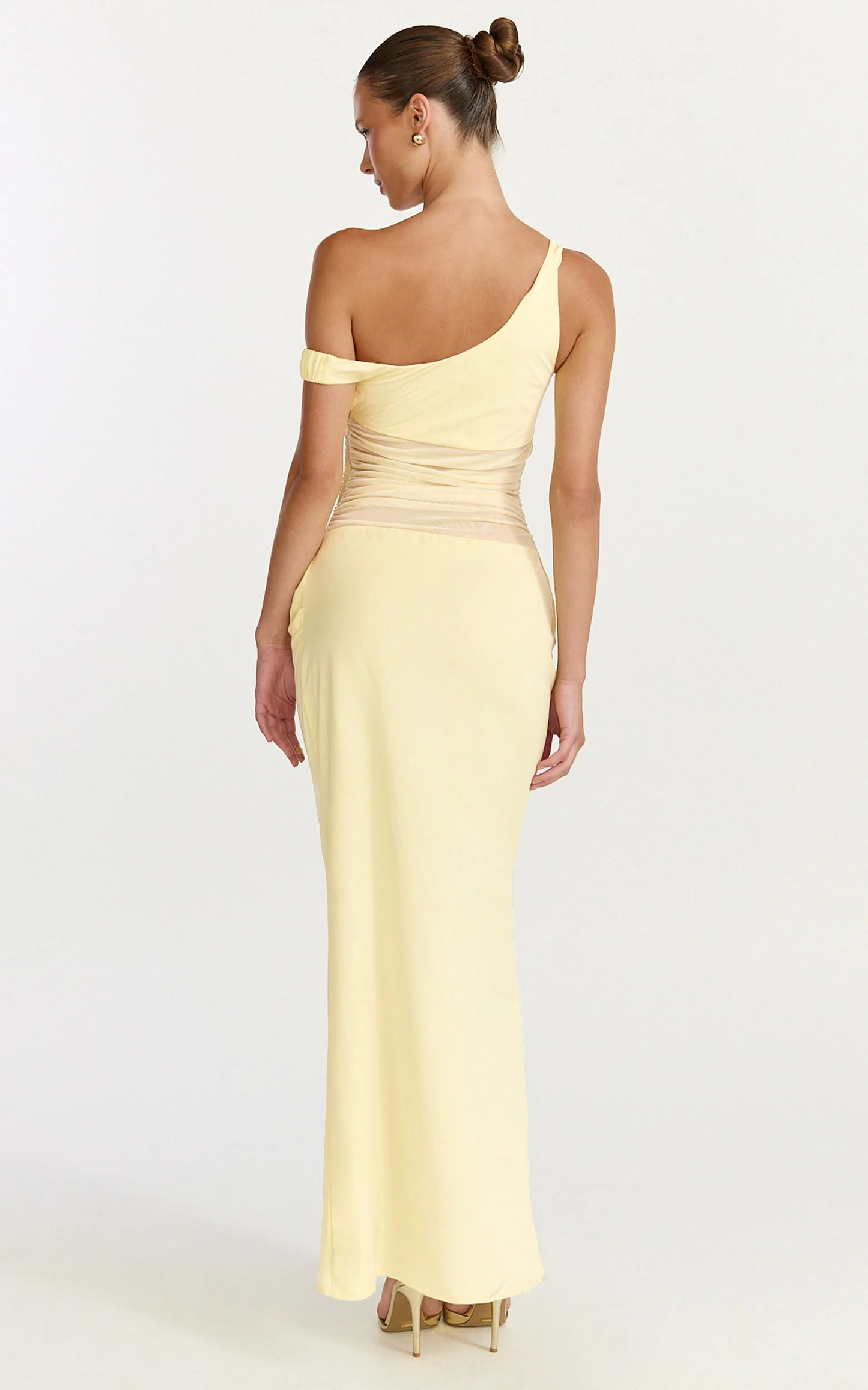 Pale Yellow Asymmetric Off-Shoulder Mesh Ruched Maxi Dress