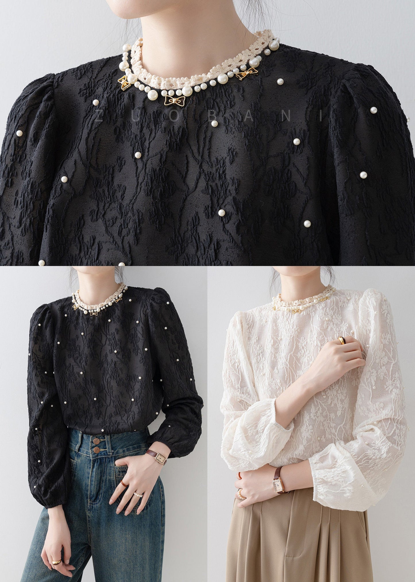 Modern Black Jacquard Nail Bead Chiffon Blouse Tops Spring