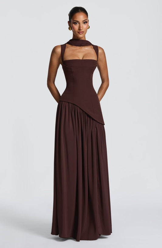Elegant Burgundy Square Neck Backless Waist-Cinched Drapey Maxi Dress