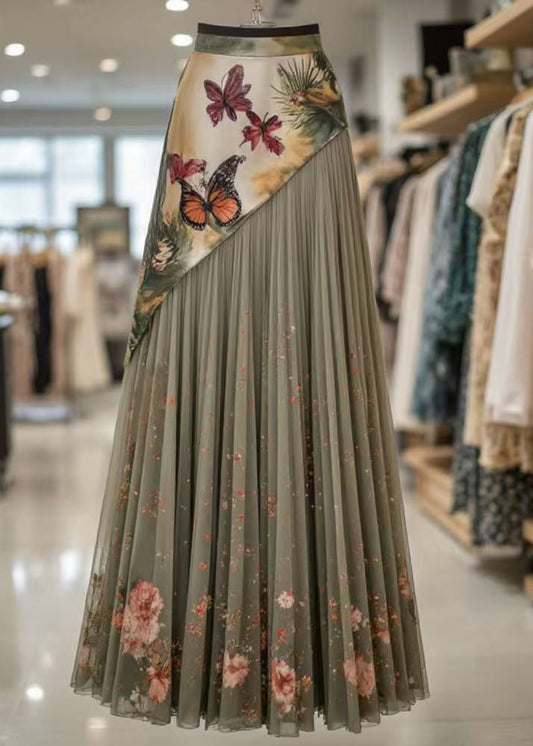 Stylish Green Asymmetrical Print Tulle Patchwork Pleated Skirt Summer