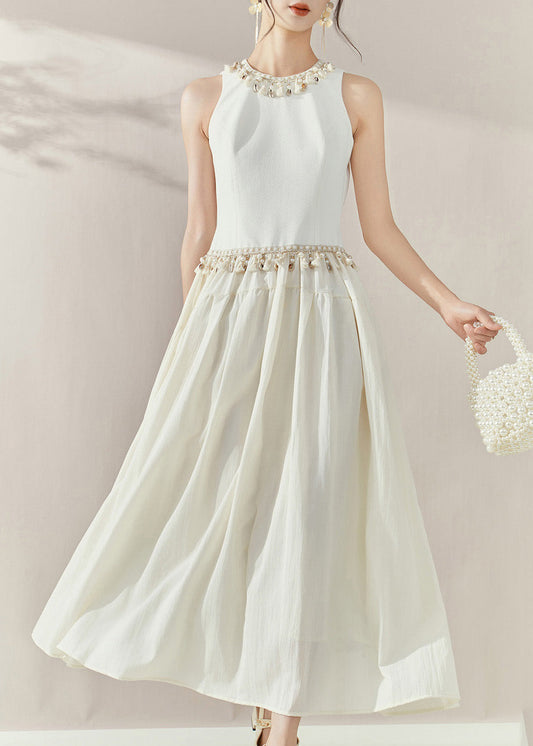 Fine White O-Neck Tassel Patchwork Long Dresses Summer