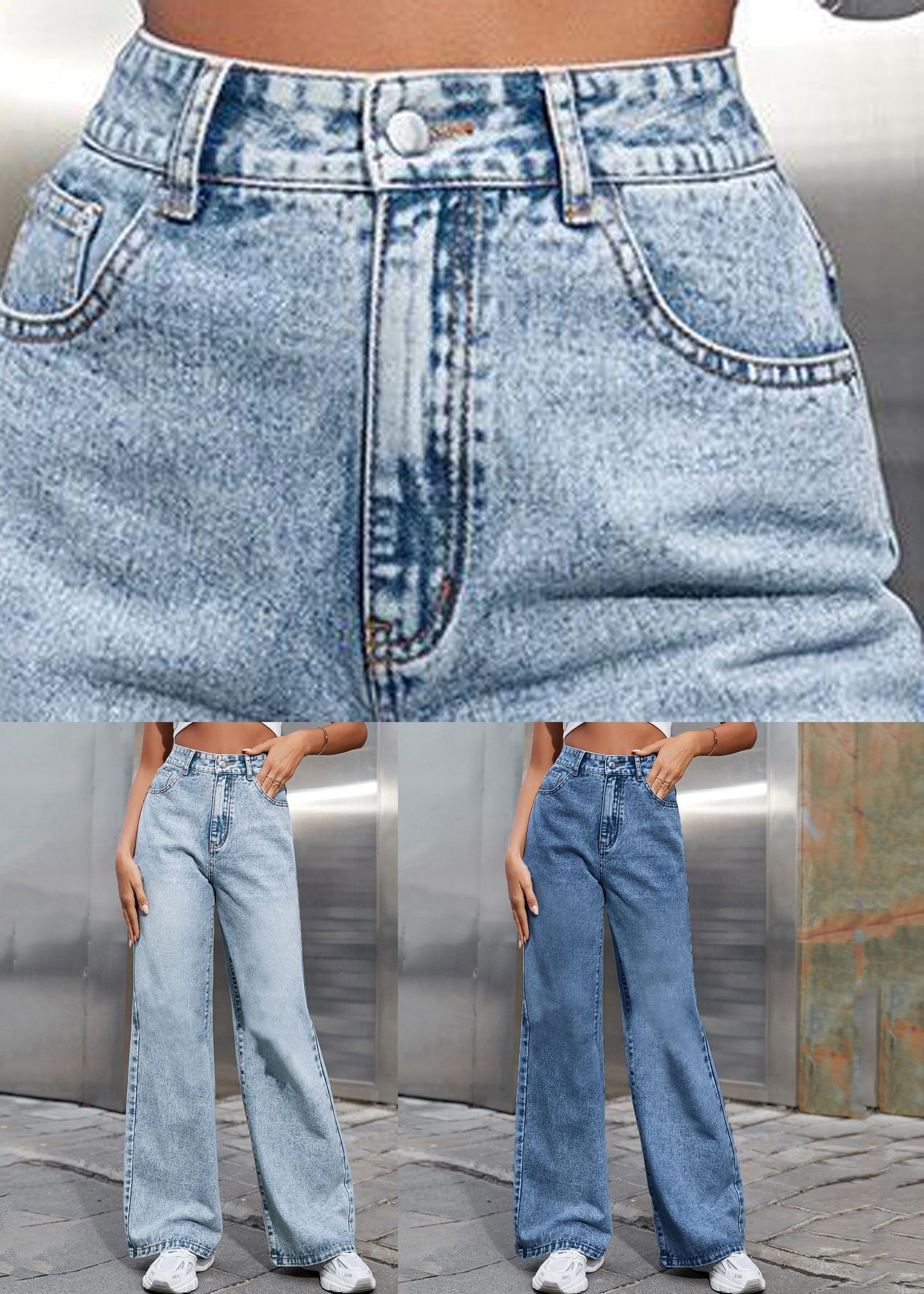 Dark Blue Pockets Patchwork Wide Leg Jeans