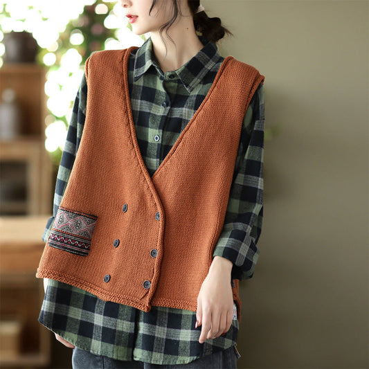 Vintage Knit Loose Double-Breasted Patch Vest