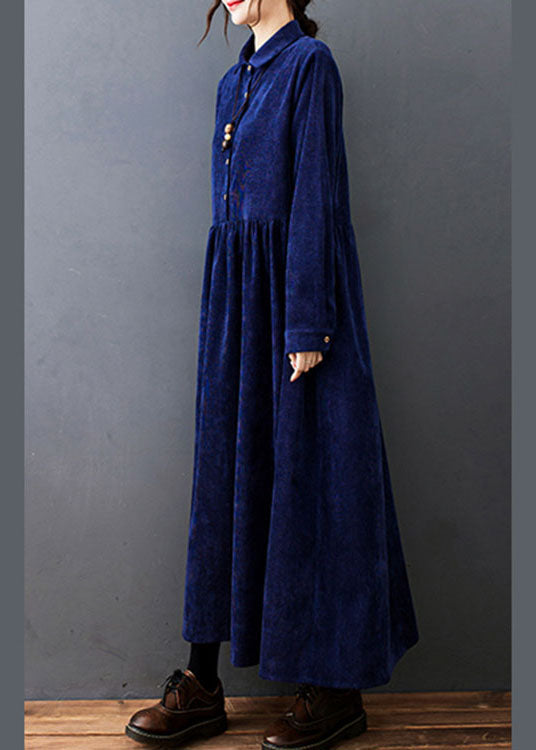 Style Navy Peter Pan Collar Button Corduroy Long Dress
