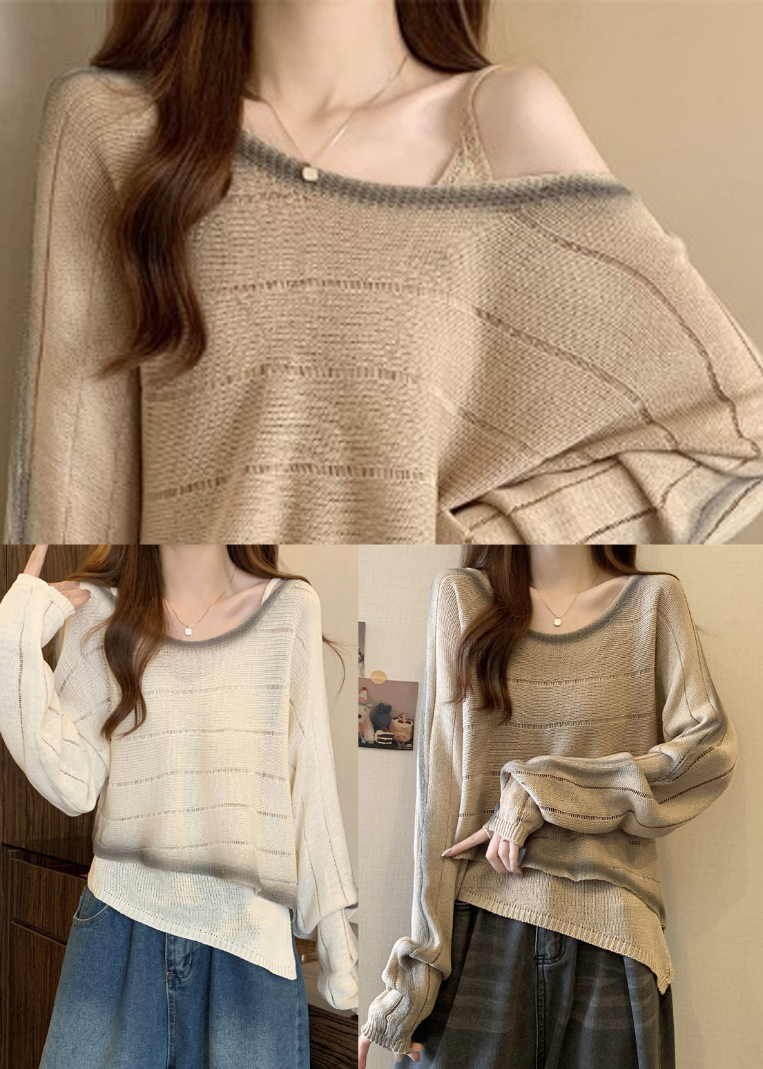 DIY Beige Asymmetrical Design Tie Dye Knit Sweater Fall