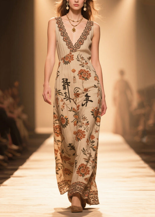 Handmade Coffee V Neck Print Cotton Straight Dress Sleeveless