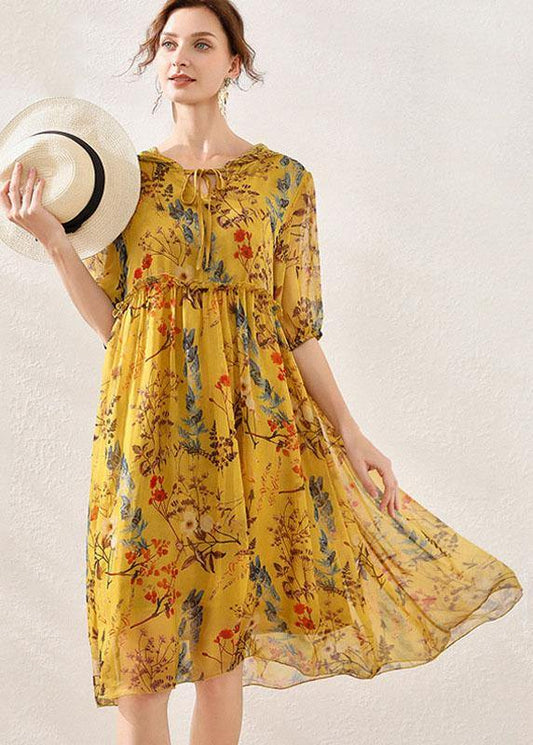 Boho Pink Cinched Print Summer Chiffon Mid Dress Half Sleeve
