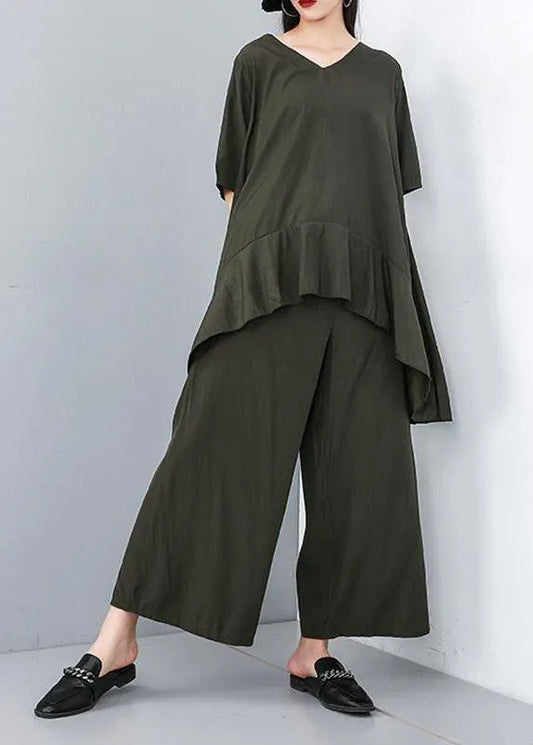 Style cotton Korea Summer Pure Color Irregular Blouse And Wide Leg Pants