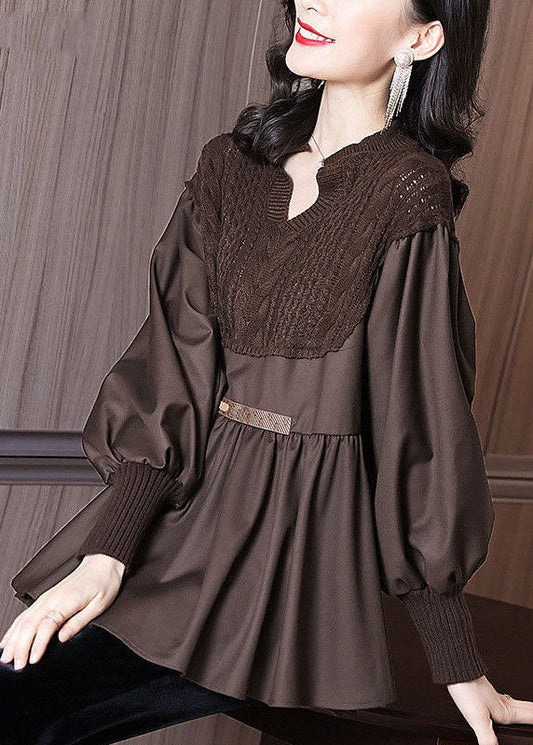 Coffee Patchwork Knit Blouse Tops V Neck Ruffles Long Sleeve