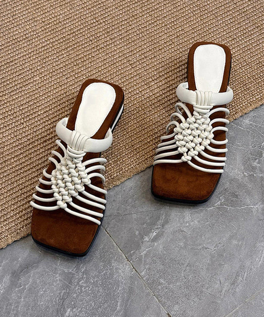 Beige Cowhide Leather Splicing Hollow Out Slide Sandals Peep Toe