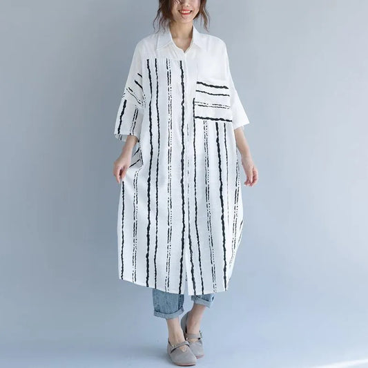 2018 white cotton dress plus size clothing dresses women bracelet sleeved patchwork Turn-down Collar striped cotton dresses