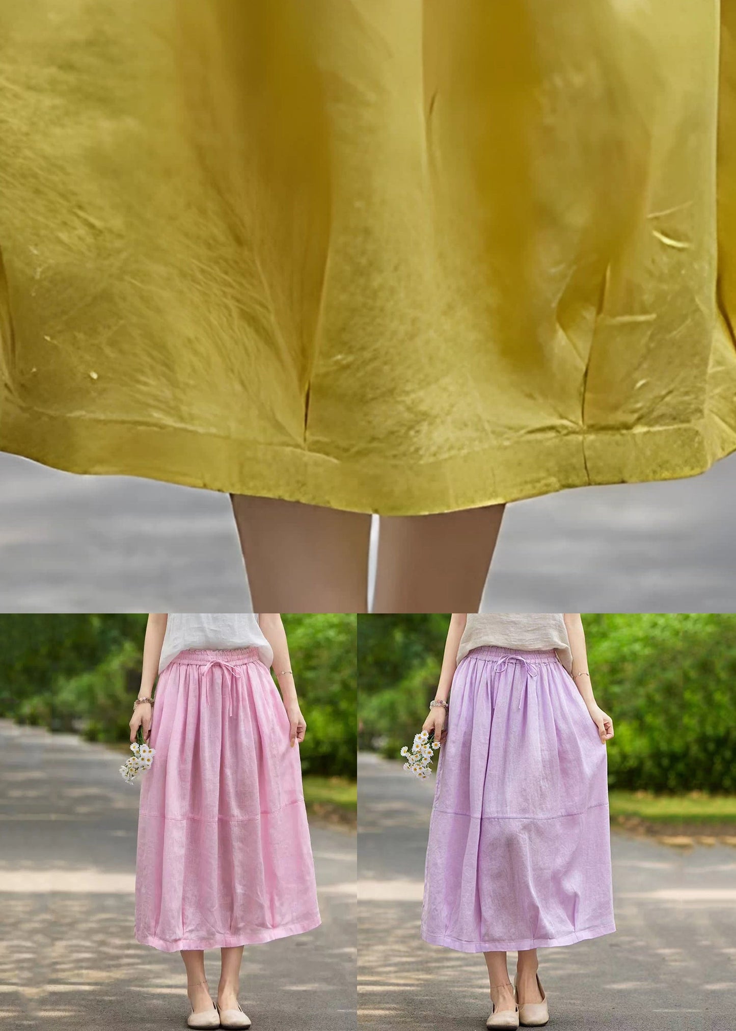 Purple Pockets Solid Linen Summer Skirts Elastic Waist