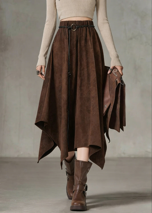 Bohemian Coffee Elastic Waist Sashe Faux Suede A Line Skirts