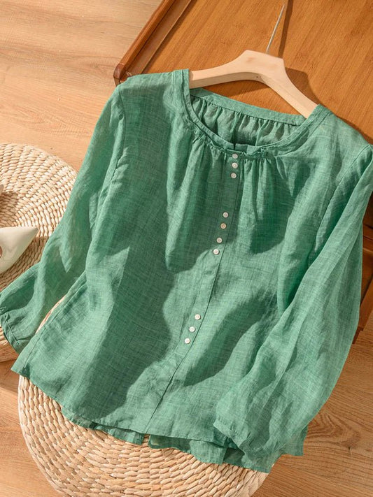 Pure Color Crew Neck Long Sleeve Casual Linen Top
