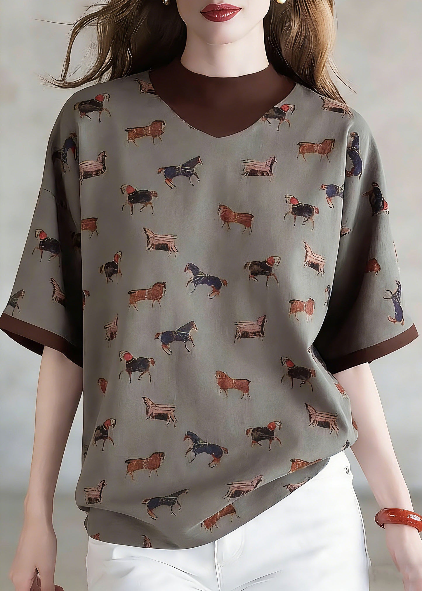 Style Coffee Print Fake Two-Piece Top Short Sleeve