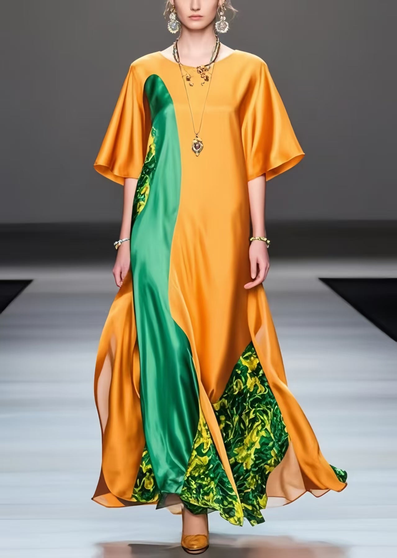 Bohemian Orange Oversized Patchwork Silk Long Dress Summer
