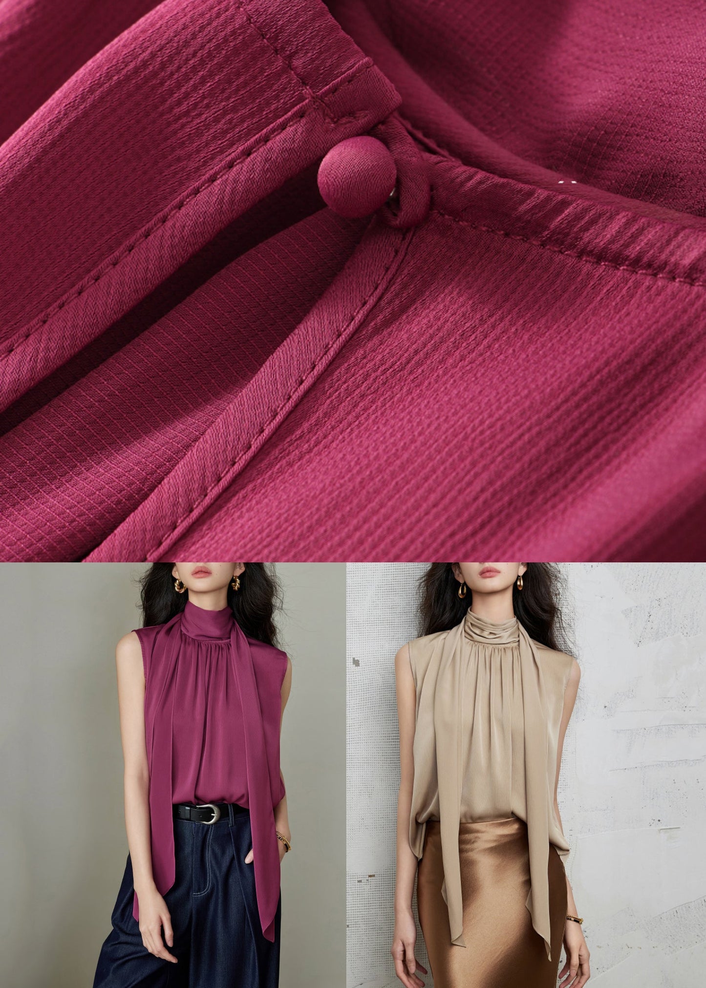 Rose Button Wrinkled Solid Silk Blouses Bow Summer