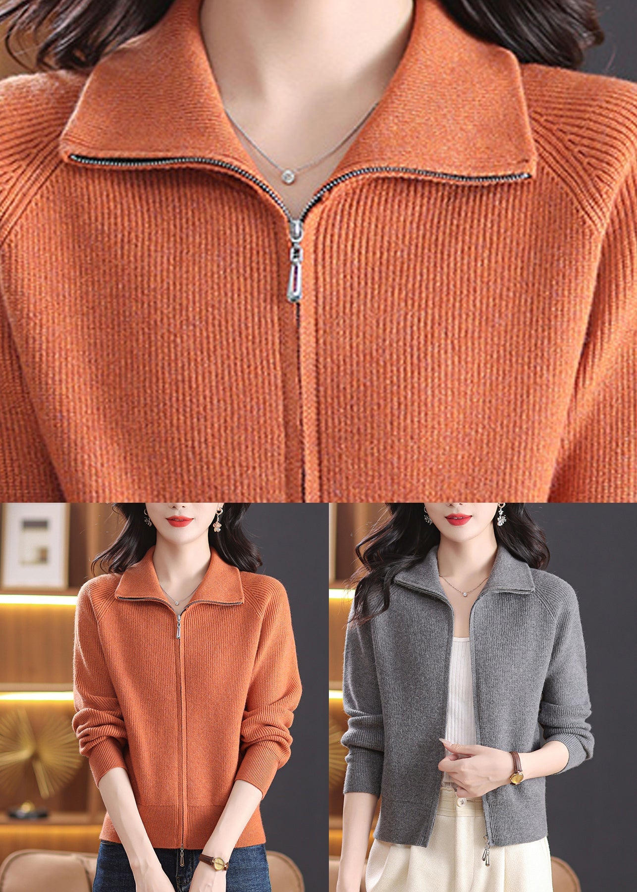 Fashion Grey Zippered Solid Knitted Cotton Coats Long Sleeve