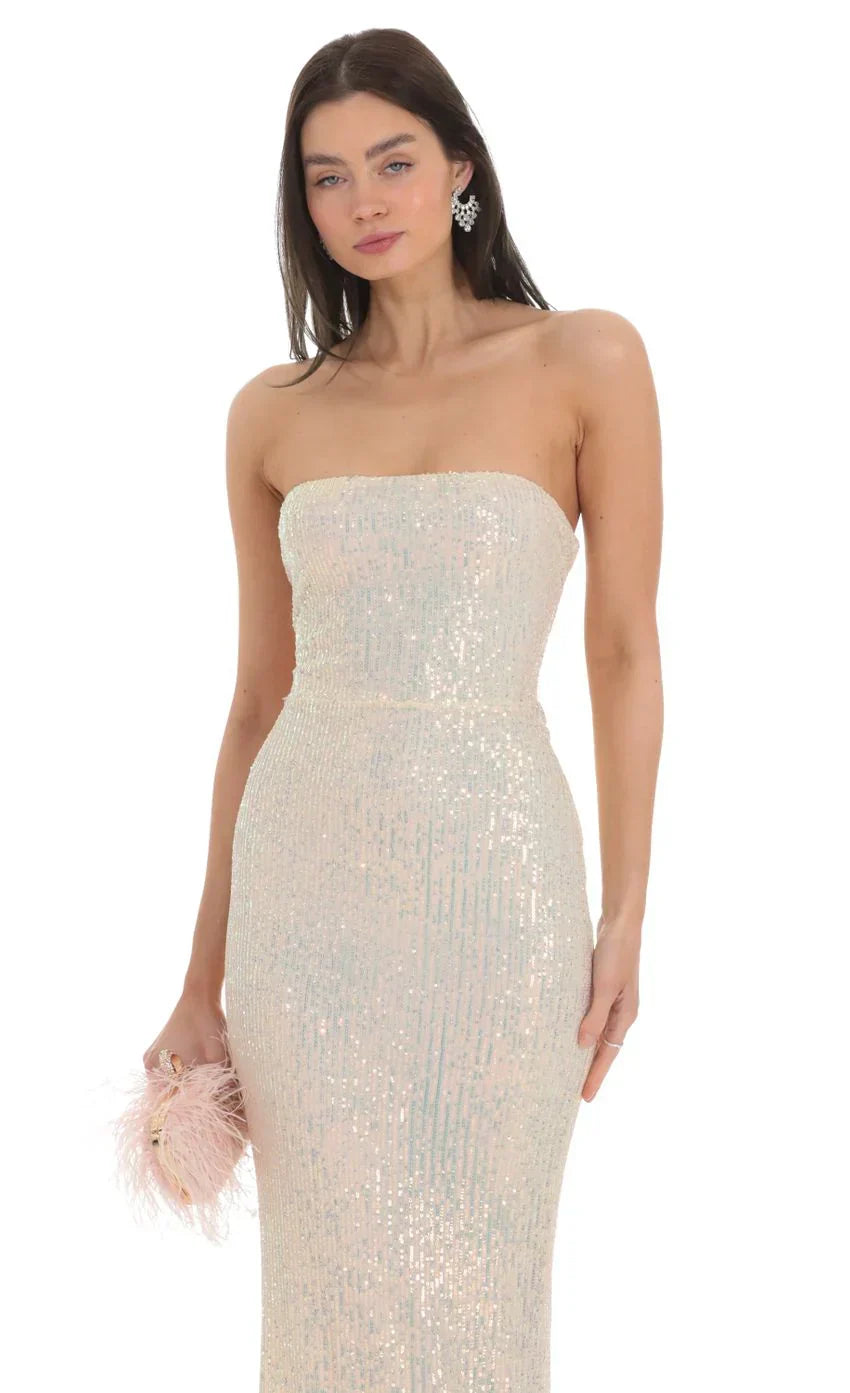 Iridescent Sequin Strapless Maxi Dress In Champagne