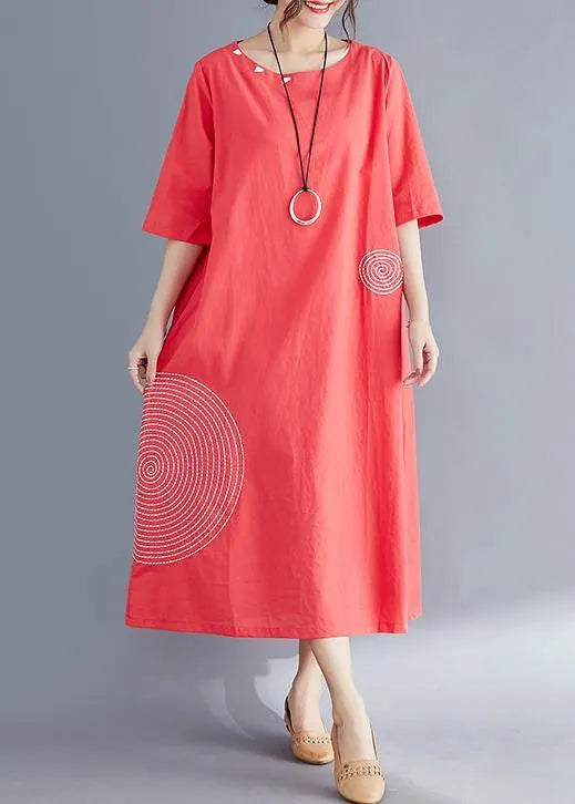 Modern o neck embroidery cotton tunic top Vintage Work Outfits red Maxi Dresses Summer