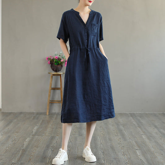 Summer Linen Short Sleeve Loose V-Neck Lacing Dress