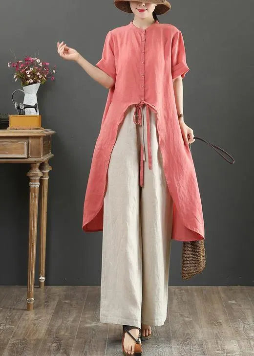 Loose stand collar asymmetric linen shirts Tutorials red tops