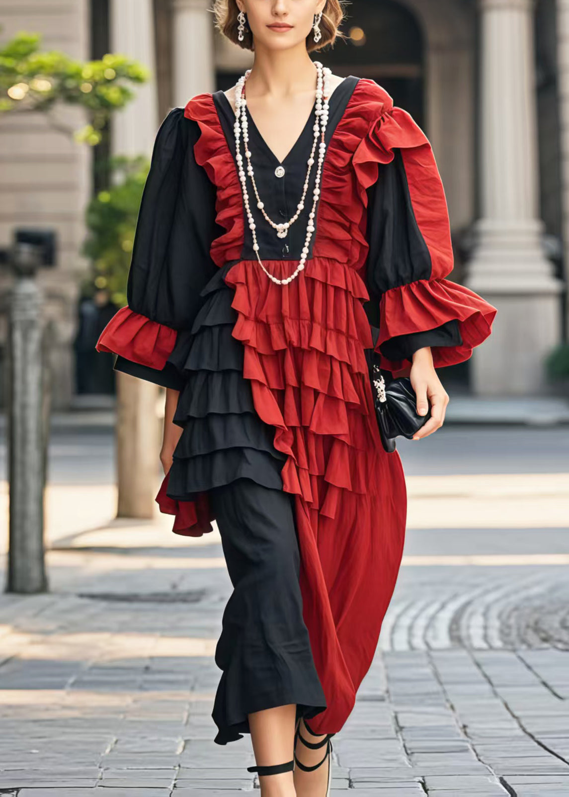 Plus Size Colorblock Asymmetrical Patchwork Ruffles Party Dress Flare Sleeve