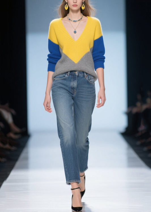 Elegant Colorblock V Neck Patchwork Warm Sweater Tops Winter
