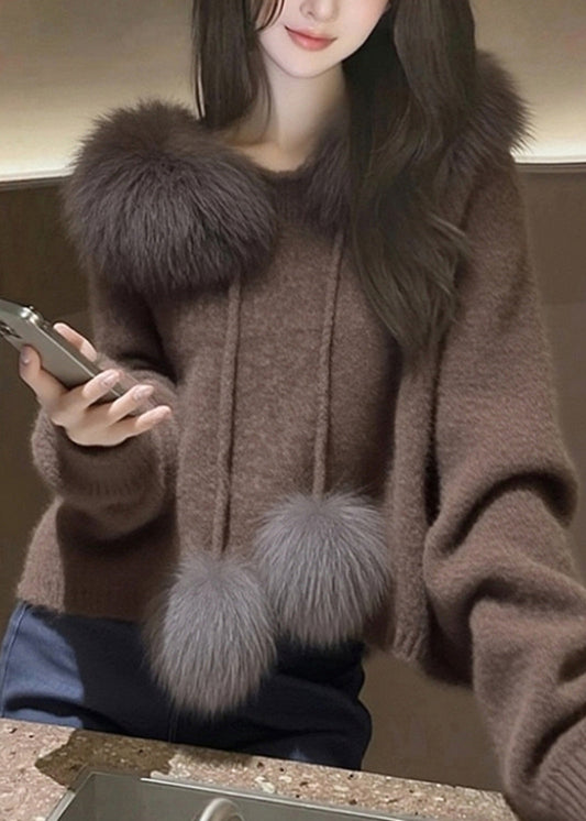 Modern Brown Hooded Patchwork Faux Fur Knit Sweater Tops Spring