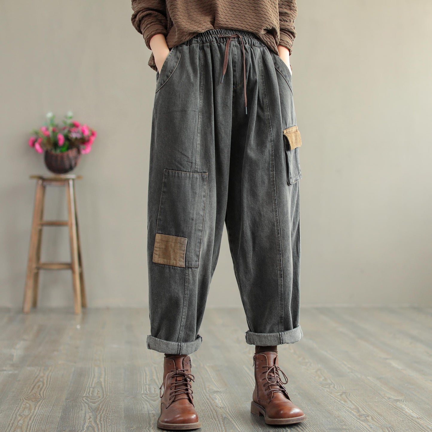 Autumn Retro Patchwork Loose Cotton Harem Jeans